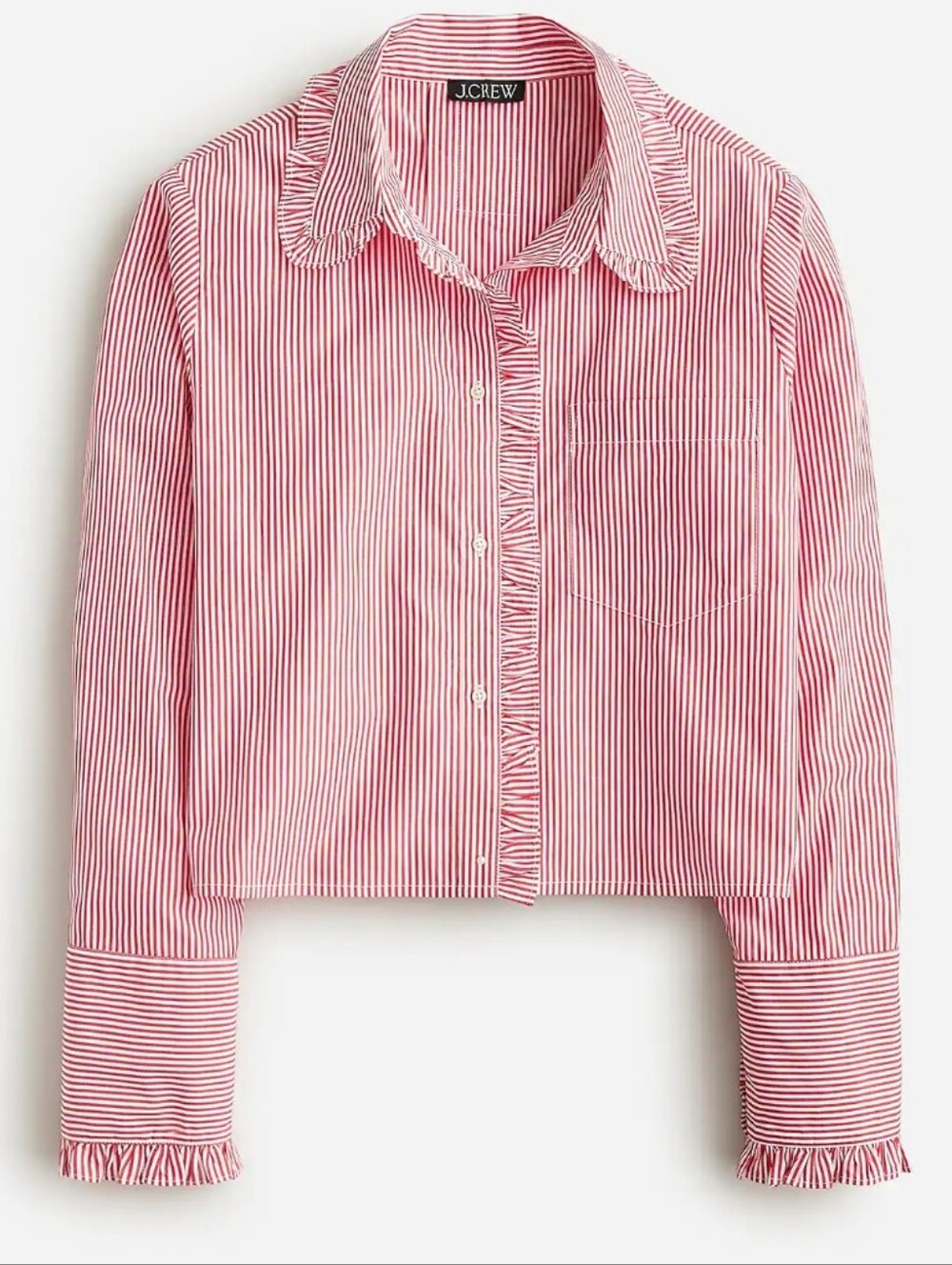 J. Crew Red White Stripe Ruffle-Trim Button Down Cotton Chopped Small